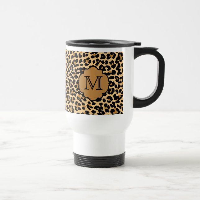 Stylish Leopard Print Custom Monogram Travel Mug (Right)