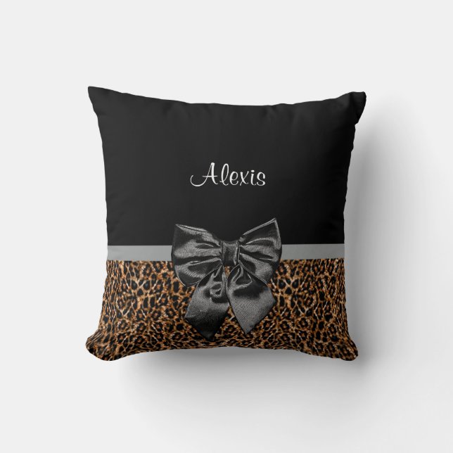 Stylish Leopard Print Elegant Black Bow and Name Cushion (Front)