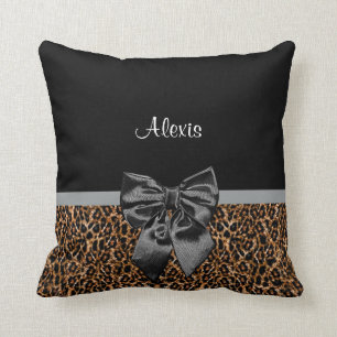 Stylish Leopard Print Elegant Black Bow and Name Cushion