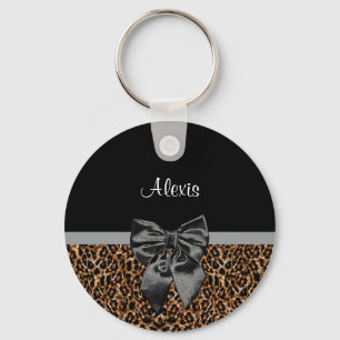 Stylish Leopard Print Elegant Black Bow and Name Key Ring