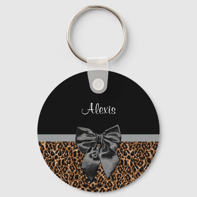 Stylish Leopard Print Elegant Black Bow and Name Key Ring (Front)