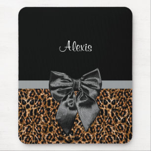 Stylish Leopard Print Elegant Black Bow and Name Mouse Pad