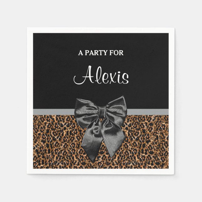 Stylish Leopard Print Elegant Black Bow and Name Napkin (Front)