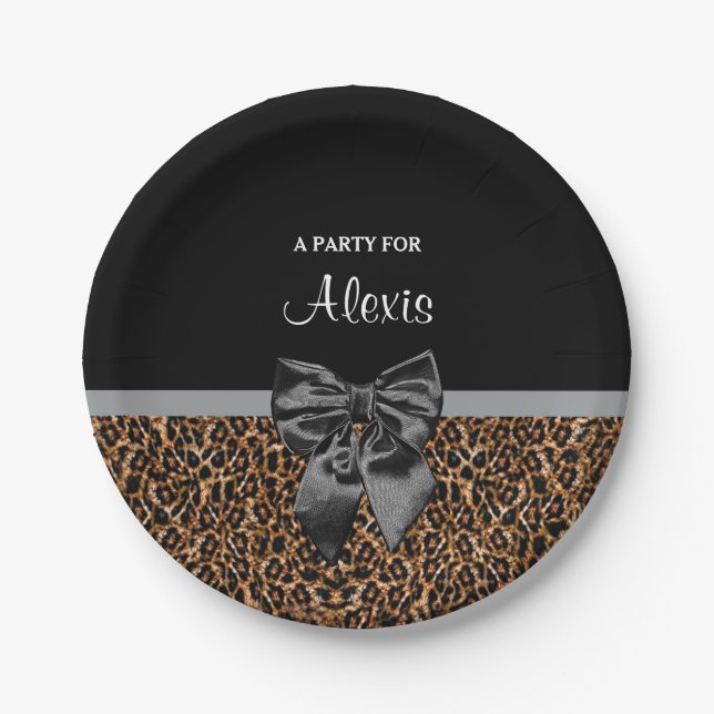 Stylish Leopard Print Elegant Black Bow Party Name Paper Plate (Front)