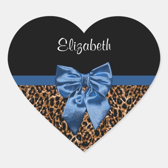 Stylish Leopard Print Elegant Blue Bow and Name Heart Sticker (Front)