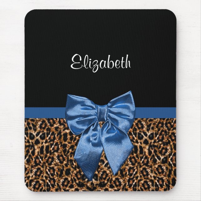 Stylish Leopard Print Elegant Blue Bow and Name Mouse Pad (Front)