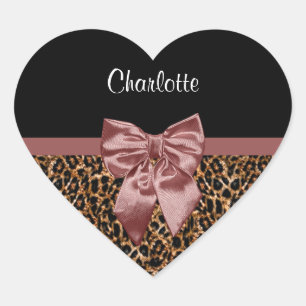 Stylish Leopard Print Elegant Brown Bow and Name Heart Sticker