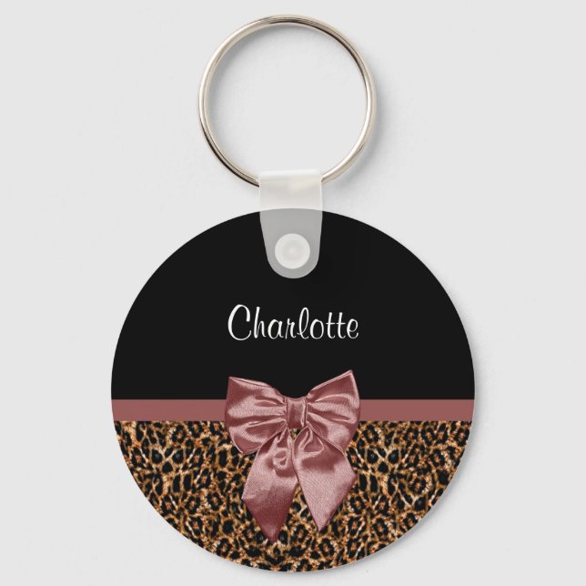 Stylish Leopard Print Elegant Brown Bow and Name Key Ring (Front)