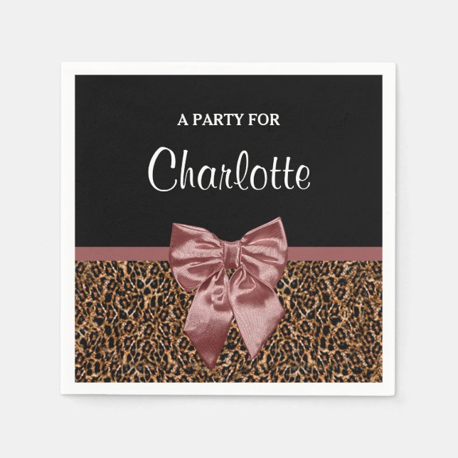 Stylish Leopard Print Elegant Brown Bow and Name Napkin (Front)