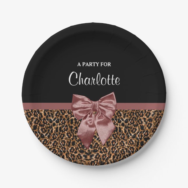 Stylish Leopard Print Elegant Brown Bow Party Name Paper Plate (Front)