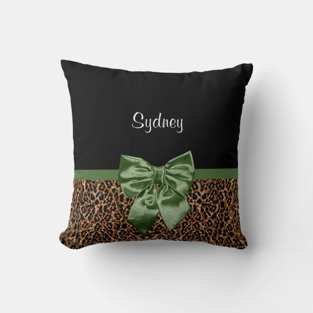 Stylish Leopard Print Elegant Green Bow and Name Cushion (Front)