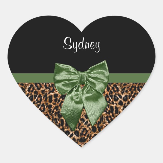Stylish Leopard Print Elegant Green Bow and Name Heart Sticker (Front)