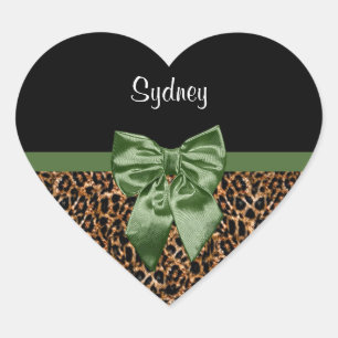 Stylish Leopard Print Elegant Green Bow and Name Heart Sticker