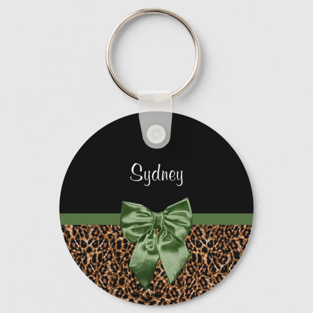 Stylish Leopard Print Elegant Green Bow and Name Key Ring (Front)