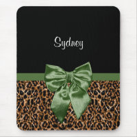 Stylish Leopard Print Elegant Green Bow and Name