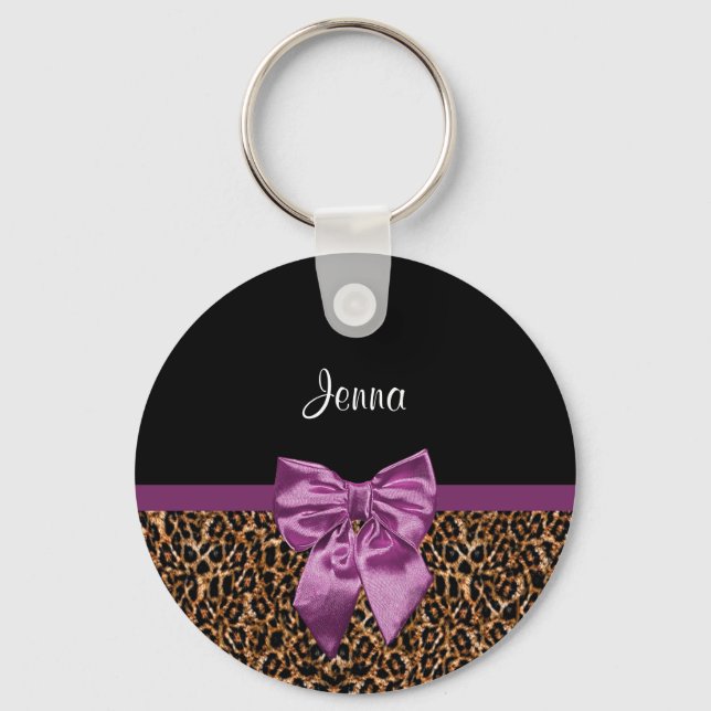 Stylish Leopard Print Elegant Purple Bow and Name Key Ring (Front)