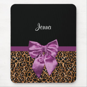 Stylish Leopard Print Elegant Purple Bow and Name Mouse Pad