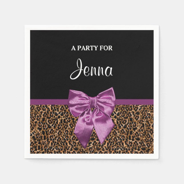 Stylish Leopard Print Elegant Purple Bow and Name Napkin (Front)