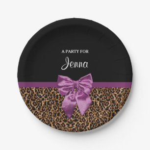 Stylish Leopard Print Elegant Purple Bow and Name Paper Plate