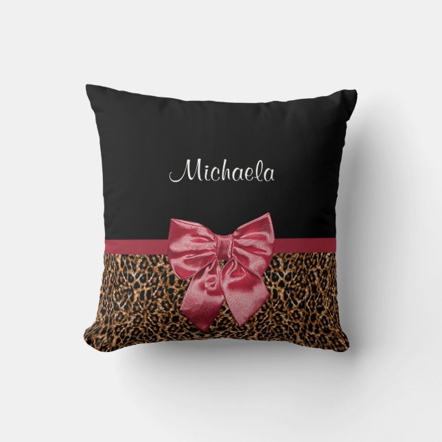Stylish Leopard Print Elegant Red Bow and Name Cushion (Front)