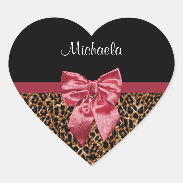 Stylish Leopard Print Elegant Red Bow and Name Heart Sticker (Front)