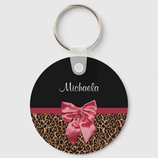 Stylish Leopard Print Elegant Red Bow and Name Key Ring (Front)