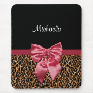 Stylish Leopard Print Elegant Red Bow and Name Mouse Pad