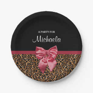 Stylish Leopard Print Elegant Red Bow and Name Paper Plate