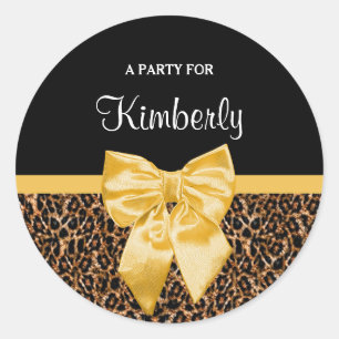 Stylish Leopard Print Elegant Yellow Bow and Name Classic Round Sticker
