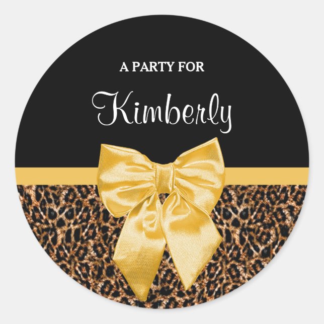 Stylish Leopard Print Elegant Yellow Bow and Name Classic Round Sticker (Front)
