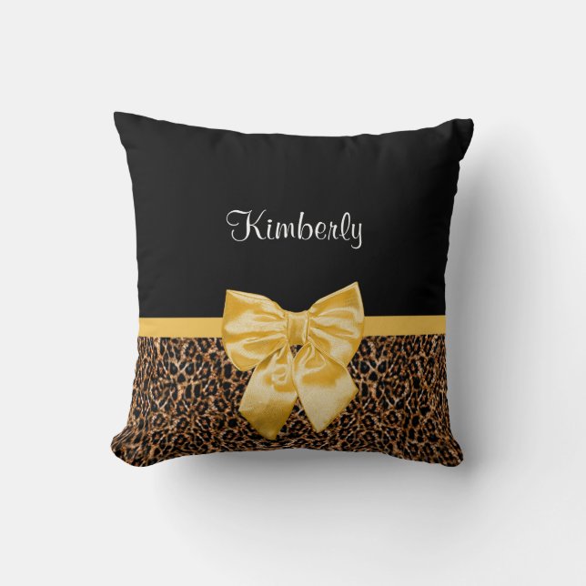 Stylish Leopard Print Elegant Yellow Bow and Name Cushion (Front)