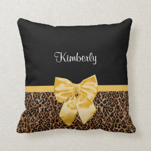 Stylish Leopard Print Elegant Yellow Bow and Name Cushion