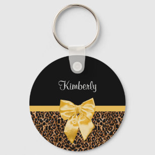 Stylish Leopard Print Elegant Yellow Bow and Name Key Ring