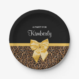 Stylish Leopard Print Elegant Yellow Bow and Name Paper Plate