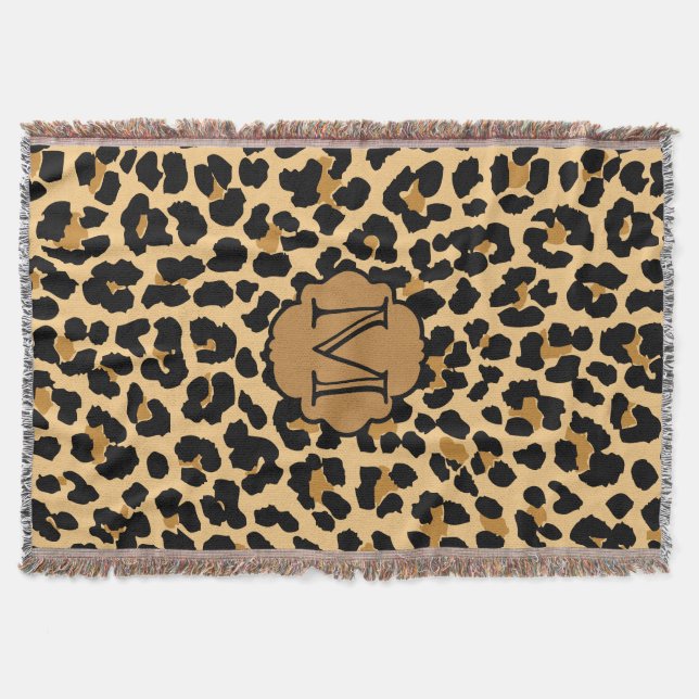 Stylish Leopard Print Monogram Throw Blanket (Front)