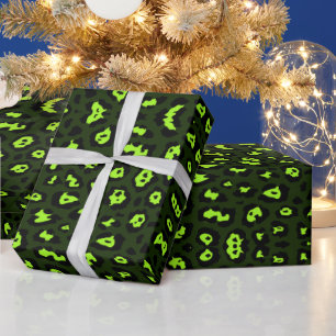Stylish leopard print neon chartreuse dark green wrapping paper