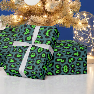 Stylish leopard print neon green teal trendy wrapping paper
