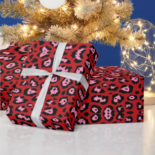 Stylish leopard print pattern pink red girly chic wrapping paper