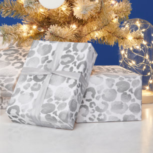 Stylish leopard print pattern silver foil white wrapping paper