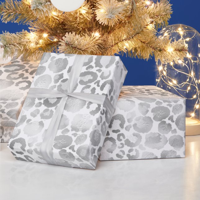Stylish leopard print pattern silver foil white wrapping paper (Holidays)