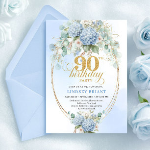 Stylish Light Blue Hydrangeas 90th Birthday Invite