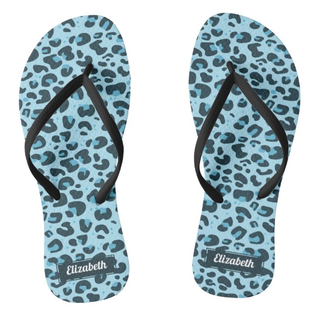 Stylish light blue leopard spots with name thongs (Footbed)