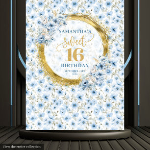 Stylish Light Blue Sweet 16 Gold Glitter Banner  Tapestry