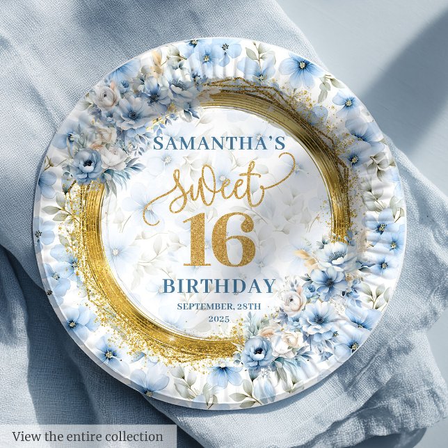 Stylish Light Blue Sweet 16 Gold Glitter Party  Paper Plate (Stylish Light Blue Sweet 16 Gold Glitter Party Paper Plates)