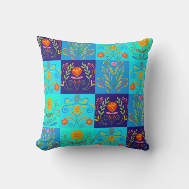 Stylish Light Dark Blue Green Floral Throw Pillow (Front)