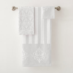 Stylish Light Grey Elegant Damask Pattern Striped Bath Towel Set
