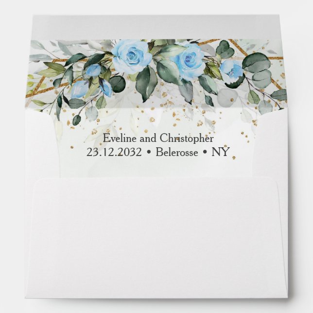 Stylish light pastel blue roses greenery and gold  envelope (Back (Bottom))
