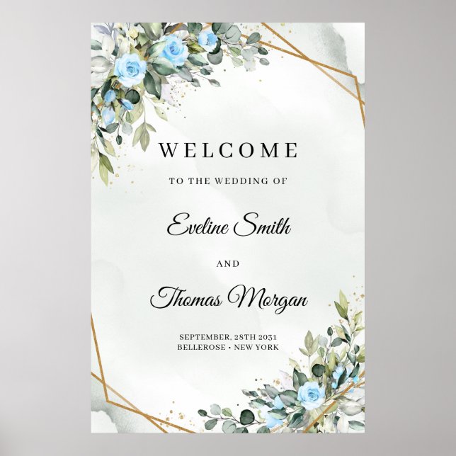 Stylish light pastel blue roses greenery wedding poster (Front)