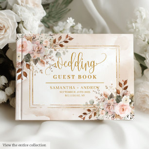 Stylish Light Pink Gold Autumn Watercolor Wedding Guest Book
