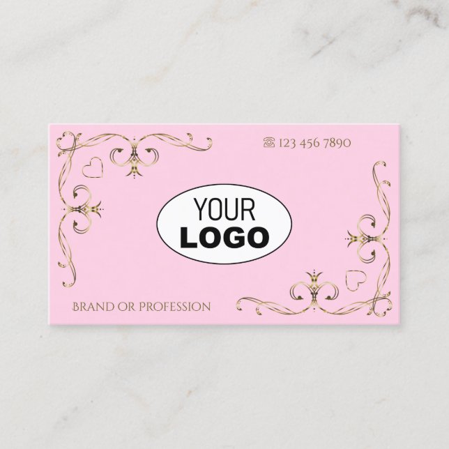 Stylish Light Pink Gold Ornate Corners Logo Hearts Business Card (Front)